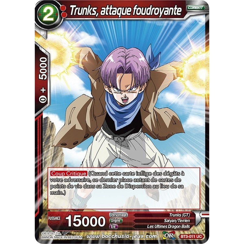 Trunks, attaque foudroyante BT3-011 UC Foil (Brillante) / Dragon Ball Super, Série 03 : Les mondes croisés Trunks, attaque foudroyante BT3-011 UC Foil (Brillante) / Dragon Ball Super, Série 03 : Les mondes croisés