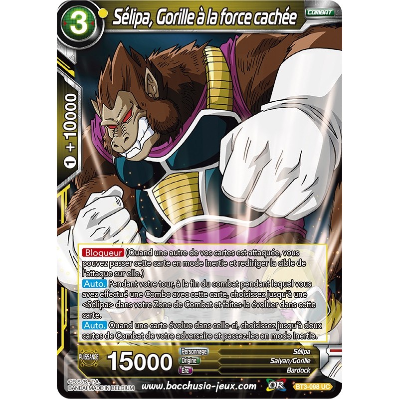 Sélipa, Gorille à la force cachée BT3-098 UC Foil (Brillante) / Dragon Ball Super, Série 03 : Les mondes croisés Sélipa, Gorille à la force cachée BT3-098 UC Foil (Brillante) / Dragon Ball Super, Série 03 : Les mondes croisés