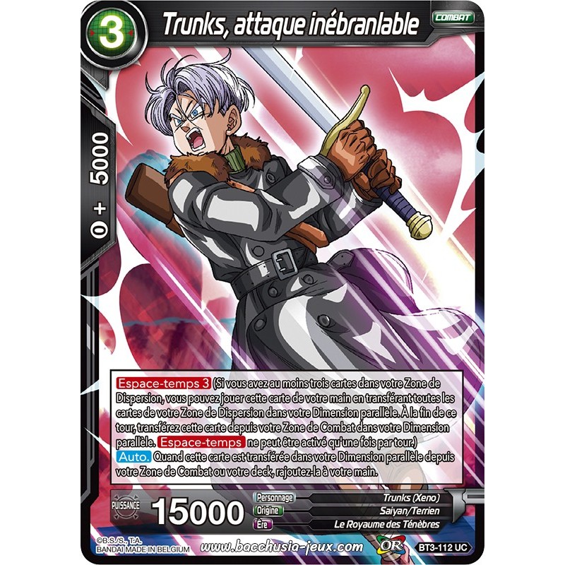 Trunks, attaque inébranlable BT3-112 UC Foil (Brillante) / Dragon Ball Super, Série 03 : Les mondes croisés Trunks, attaque inébranlable BT3-112 UC Foil (Brillante) / Dragon Ball Super, Série 03 : Les mondes croisés