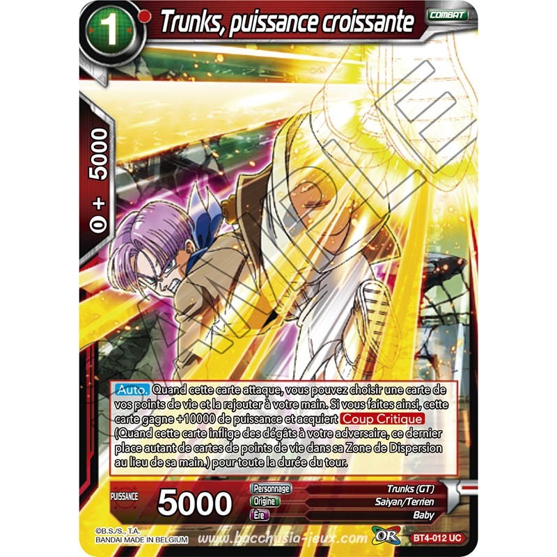 BT4-012 UC Trunks, puissance croissante Foil (Brillante) / Dragon Ball Super, Série 04 : Colossal Warfare BT4-012 UC Trunks, puissance croissante Foil (Brillante) / Dragon Ball Super, Série 04 : Colossal Warfare