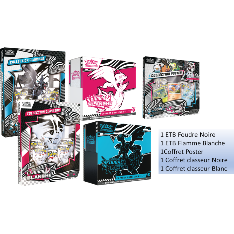 [Préco estimée 19/07/25] - Pokémon EV10.5 Foudre Noire & Flamme Blanche - Lot de 5 Produits : ETB, Coffrets Classeur et Poster