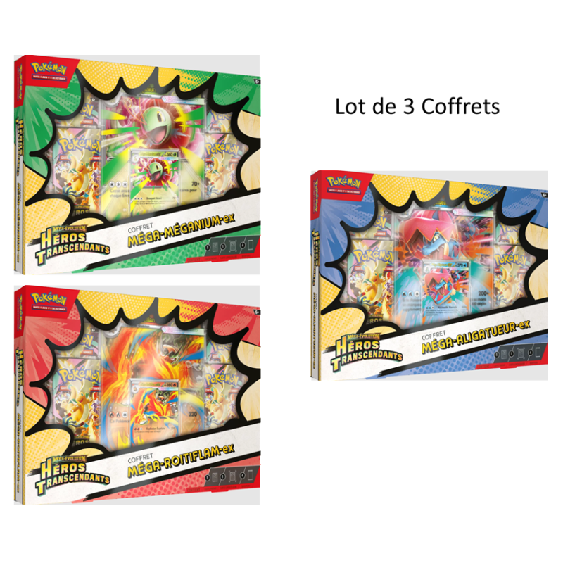 Pokémon ME2.5 Héros Transcendants Lot de 3 coffrets : Méga-Méganium - Aligatueur - Roitiflamex